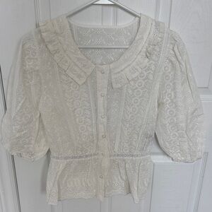 Chic Cream Lace Blouse with Ruffled Collar